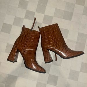 Brown Faux Alligator Leather Heeled Boots